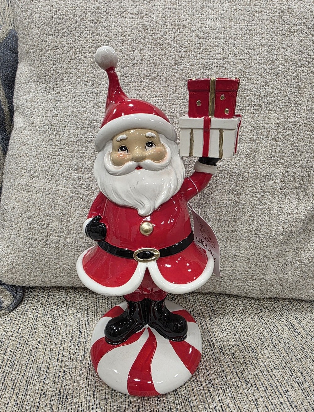 Festive Red Santa Figurine Holiday Decor Candle Holder- Classic Santa with Gift